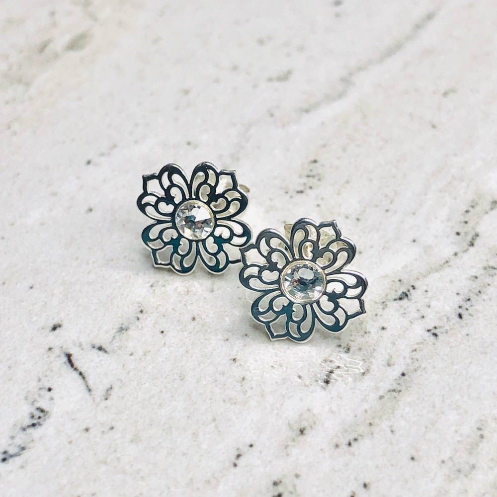 925 Sterling Silver Flower Crystal Earrings